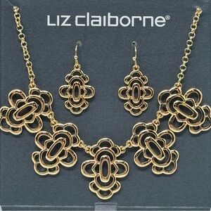 Liz Claiborne 2pc Set Gold Filigree Necklace W/ Matching Earrings
